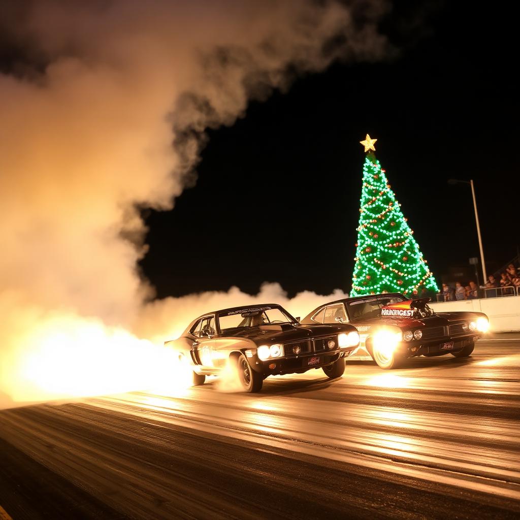 Twin drag cars exiting the line